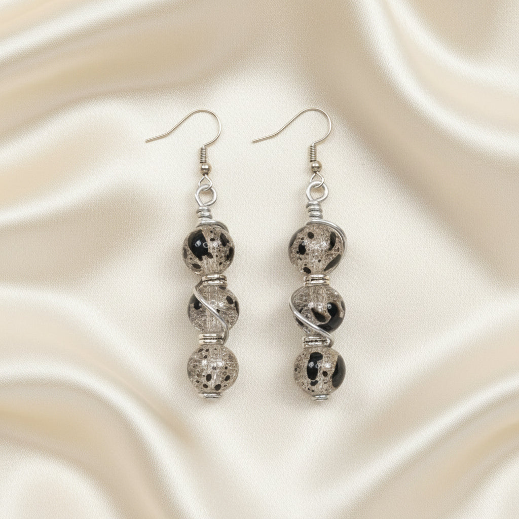 Triple spiral wrapped handmade earrings with black and clear crackle glass beads