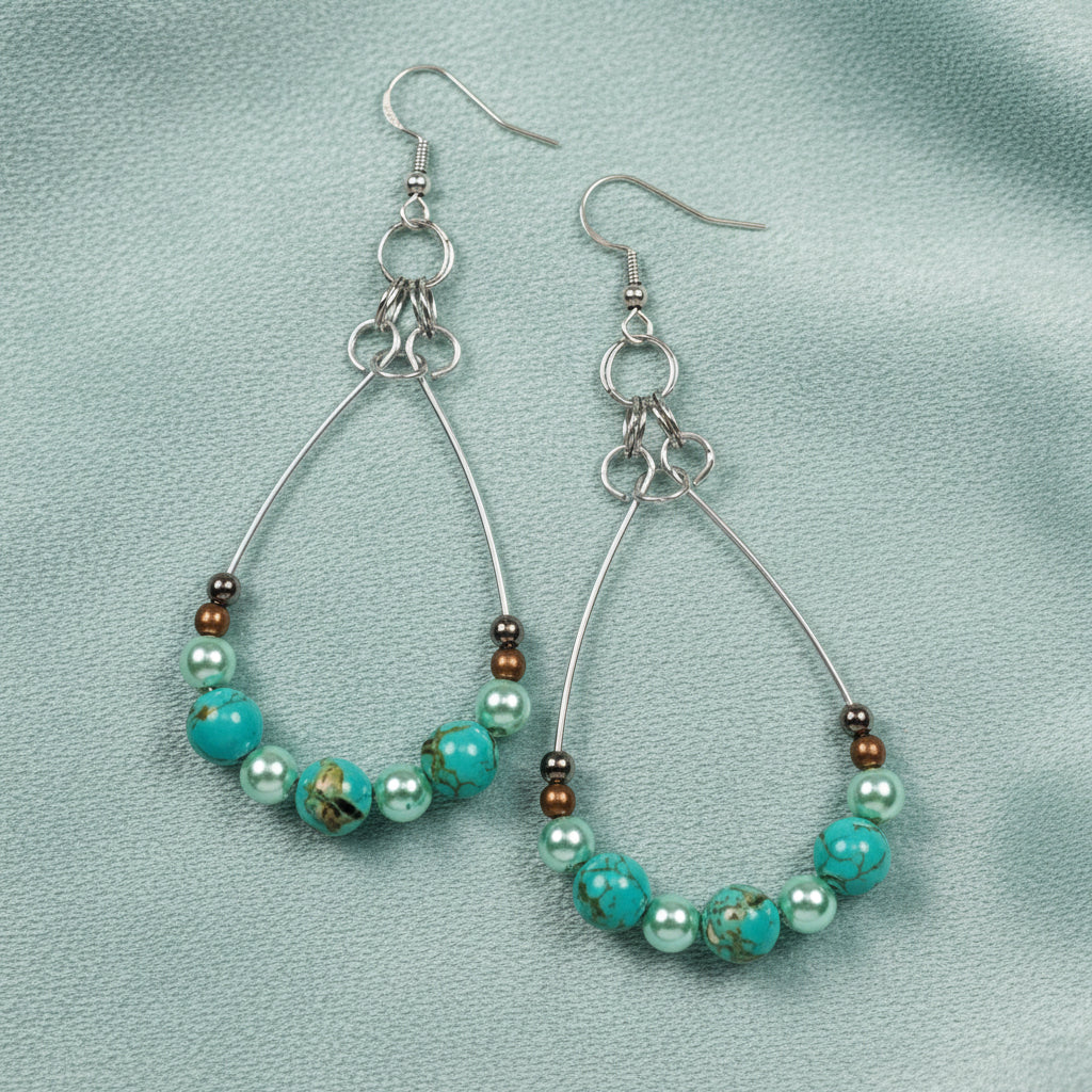 Handmade Howlite teardrop earrings with turquoise wire lying on a soft cloth