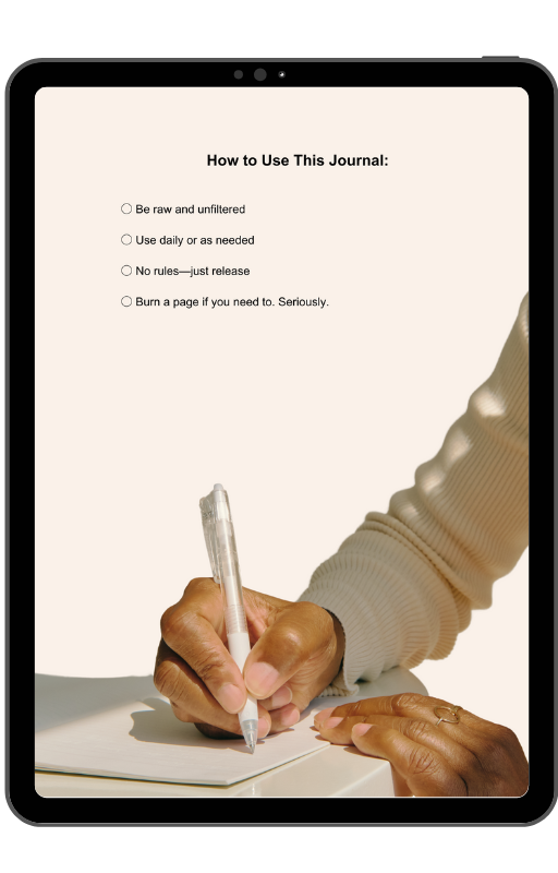 Tablet displaying a journaling guide with a hand holding a pen.