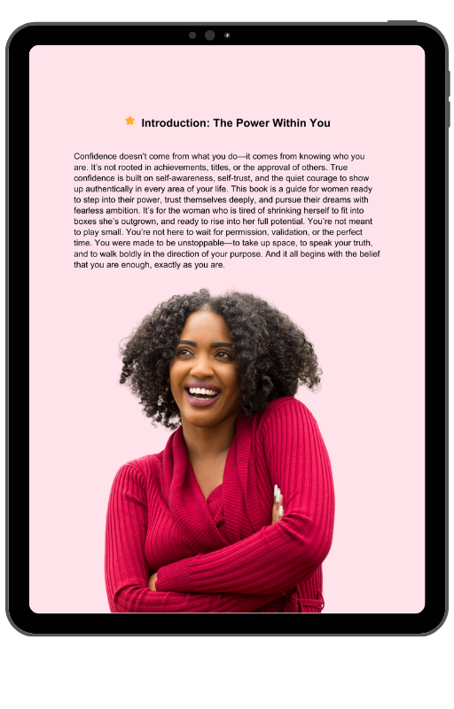 Book cover with a woman in a red sweater on a pink background.