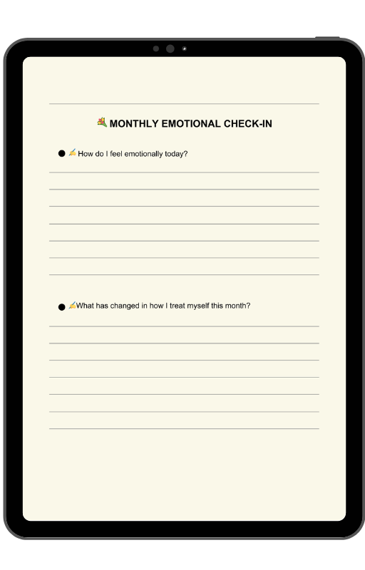 Interior pages showing daily prompts, weekly self-care themes, and space for journaling emotional growth.