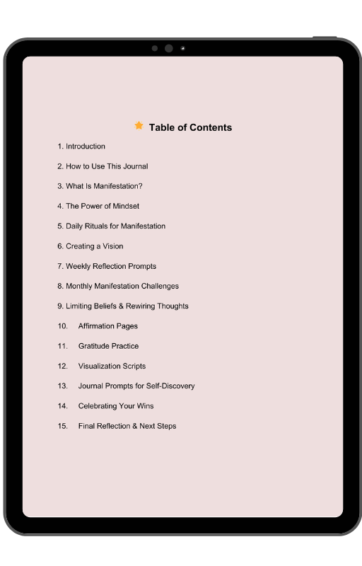 Interior pages with daily journaling prompts, weekly reflections, and manifestation challenges for personal growth.