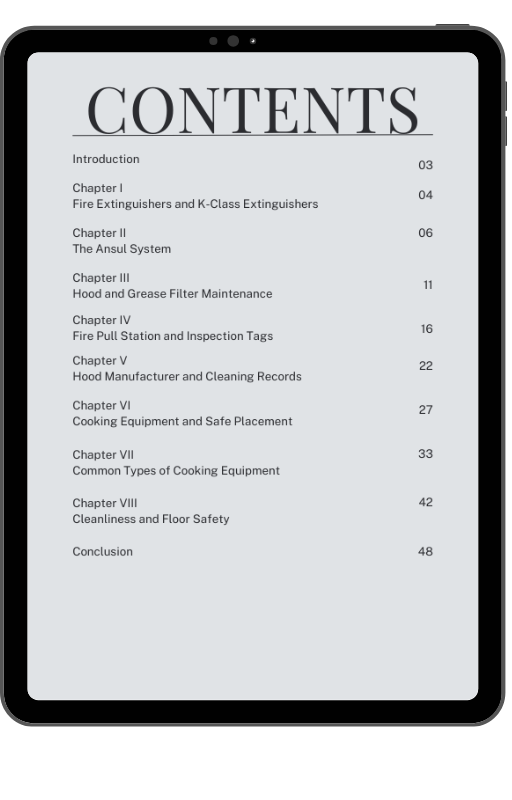 Contents page for Commercial Kitchen Inspection Guide e-book digital download
