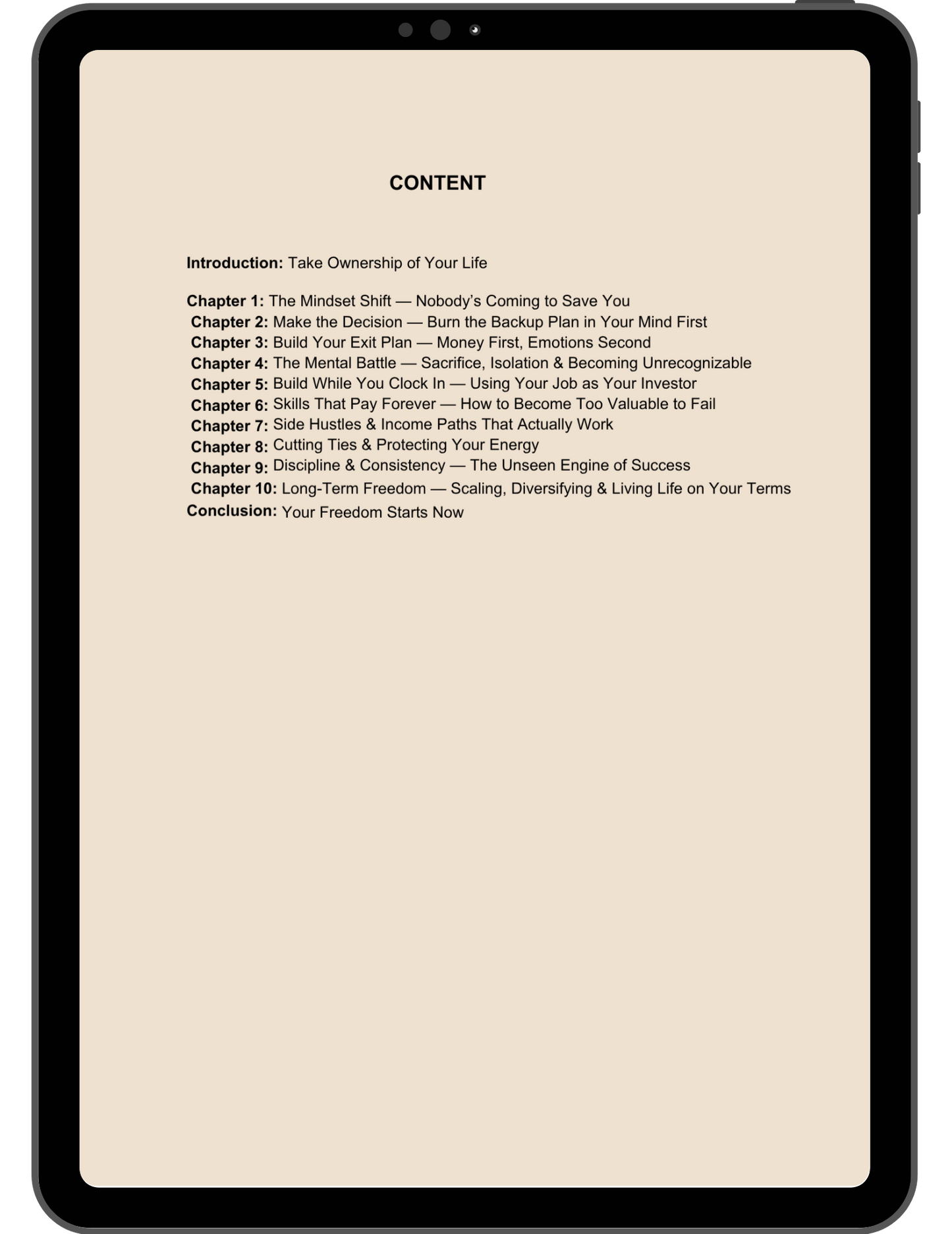 Tablet displaying a digital book with a beige cover and black text.