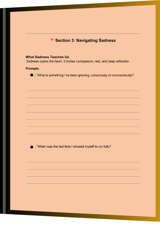 Interior pages featuring daily emotional check-ins, reflection prompts, affirmations, and journaling exercises.