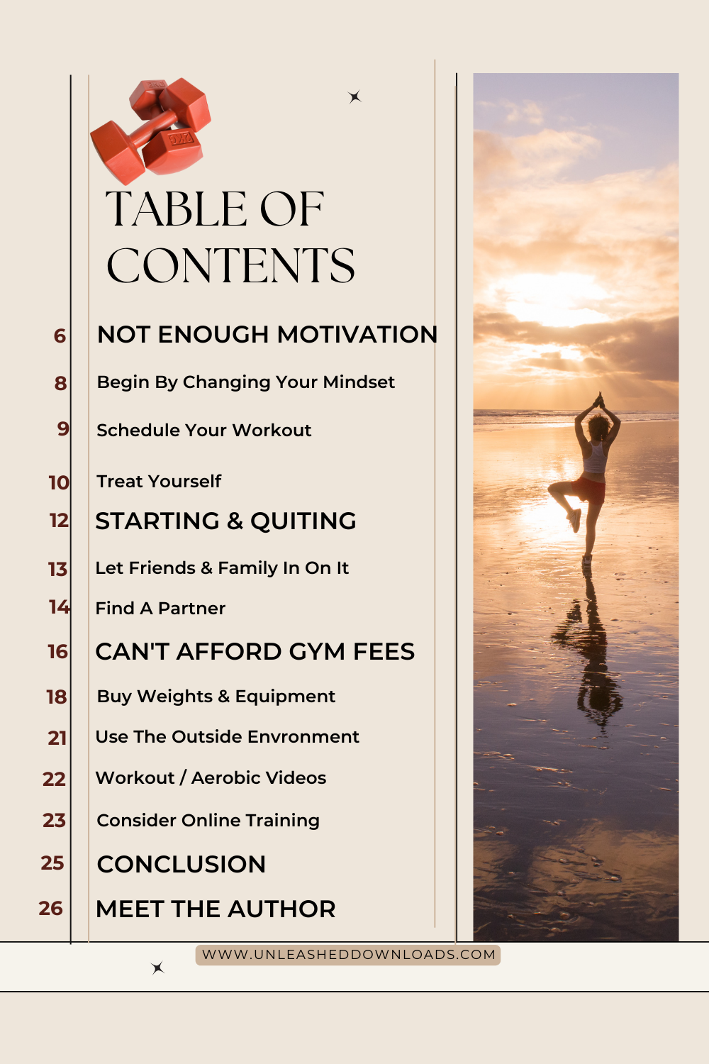 Sample pages from No More Excuses Volume 1 showing weight loss tips, healthy habits guidance, and motivational insights.
