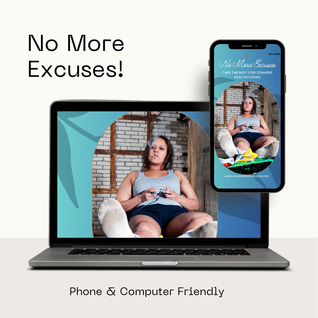 Laptop and cell phone image of No More Excuses Volume 2 eBook showing weight loss tips, fitness strategies, and motivational content.