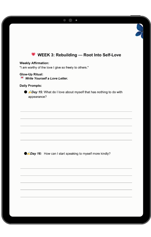 Interior pages showing 4-week transformation plan, daily reflections, and weekly glow-up rituals for emotional growth.