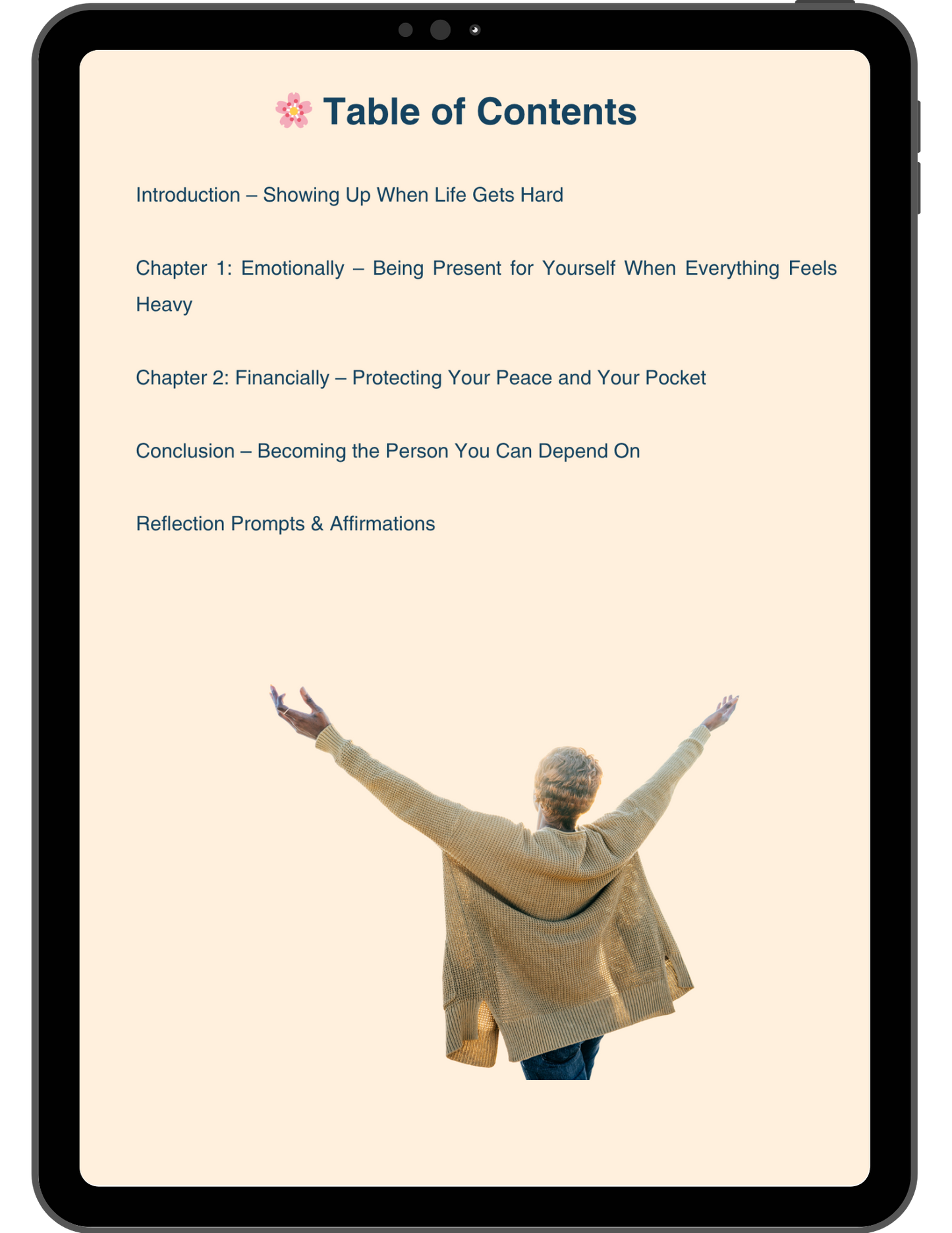 Table of contents displayed on a tablet screen with an image of a person with arms outstretched.