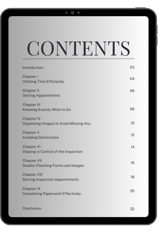 Table of contents for Tips & Tricks for Field Inspectors e-book digital download