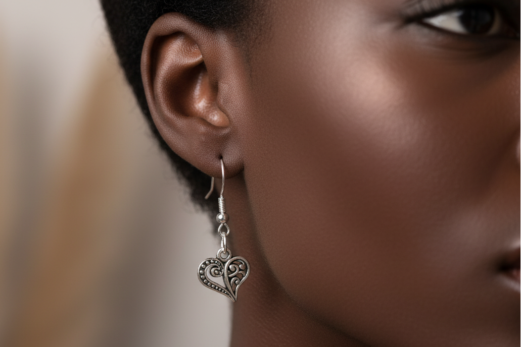 A pair of dangling heart-shaped silver earrings displayed against a black textured background.