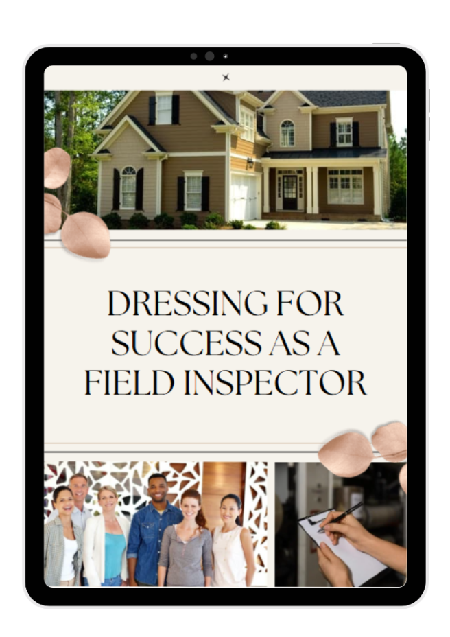 Cover of an e-book titled 'DRESSING FOR SUCCESS AS A FIELD INSPECTOR', featuring images of a house, a group of professionals, and a field inspection scene.