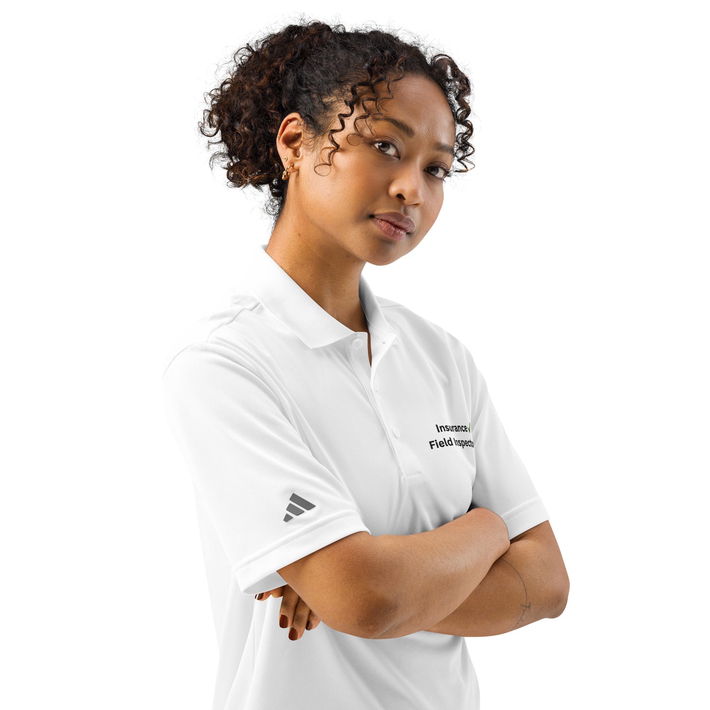 White Adidas field inspector polo shirt for professional inspection work and everyday field apparel.