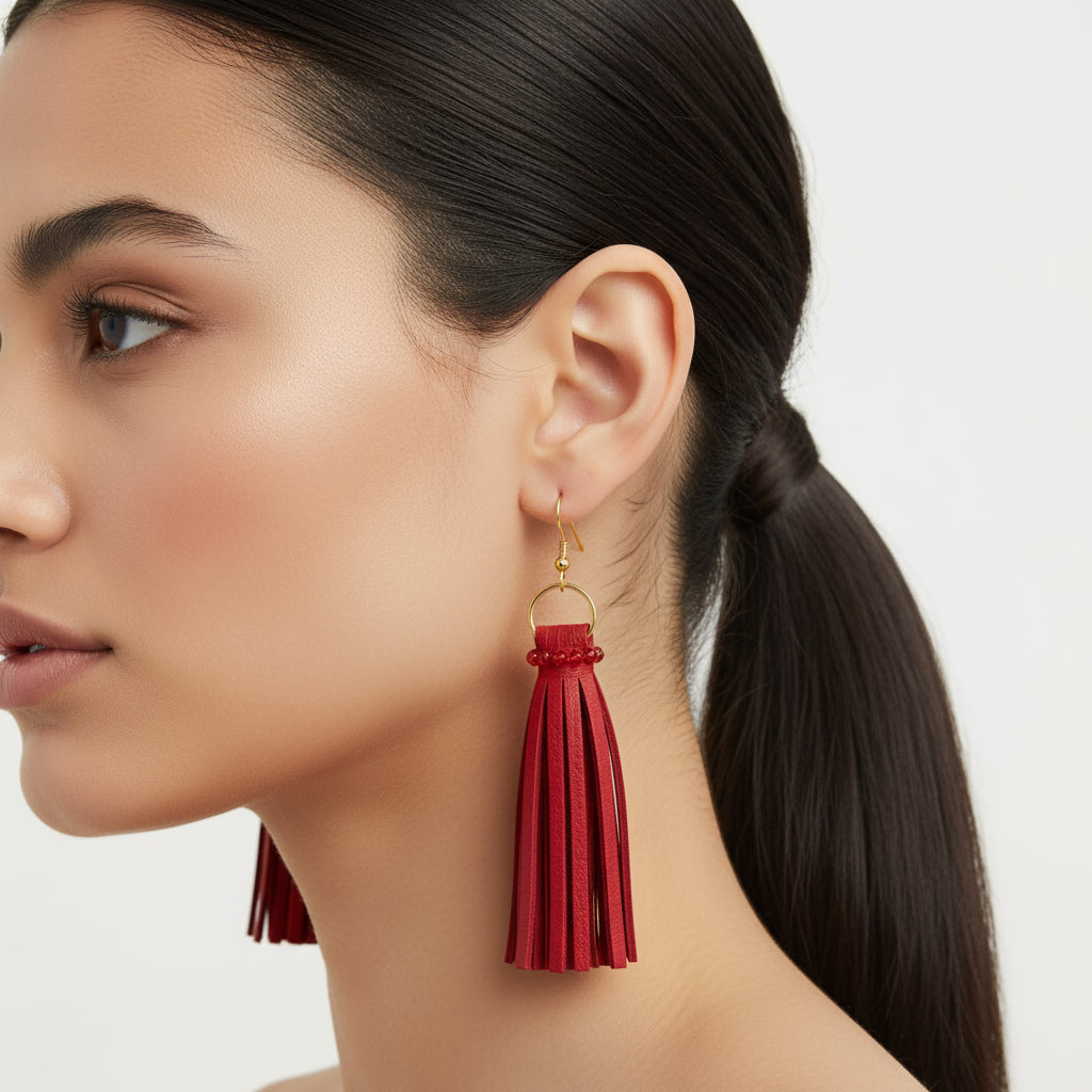 Red tassel earrings worn by a model on a light background