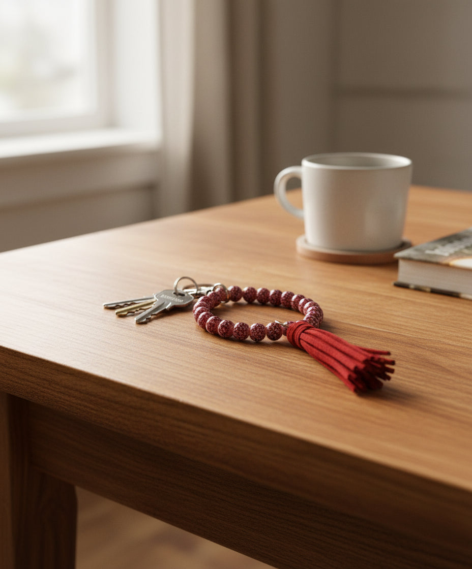 keyring with tassel and keys on a wooden table next to a white mug