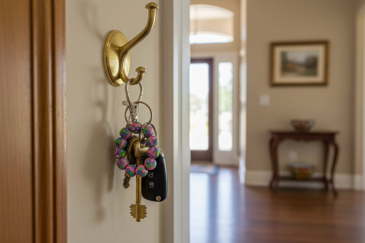 silver keychain with keys attached to a wall hook in a home setting.
