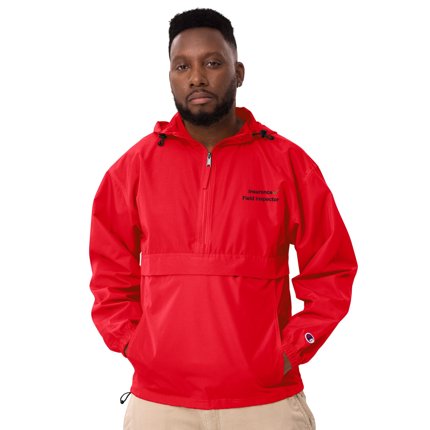 Man wearing a red jacket with a brand logo on a white background