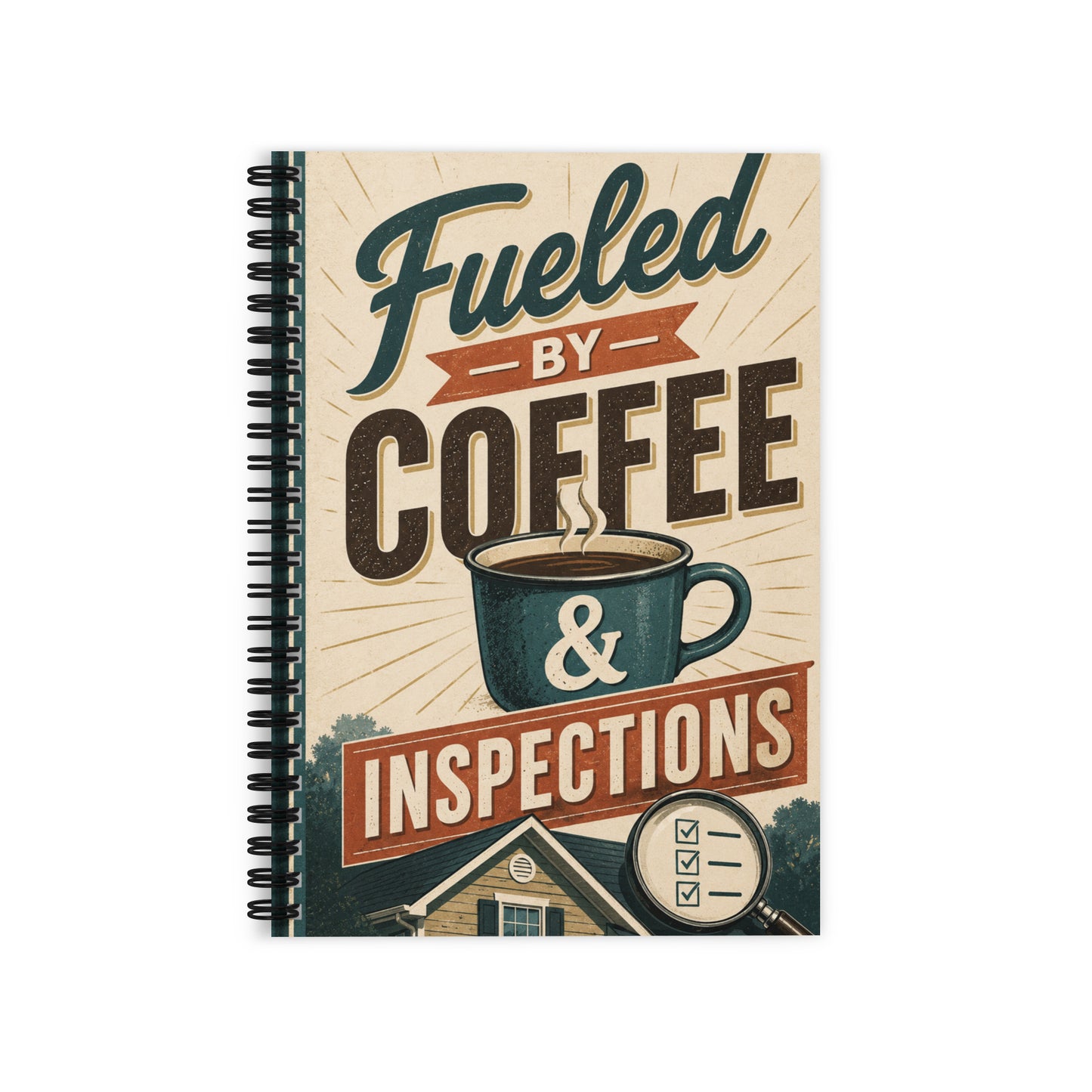 Fueled by Coffee & Inspections spiral notebook for field inspectors featuring a funny inspector-themed design for notes, planning, and everyday use.
