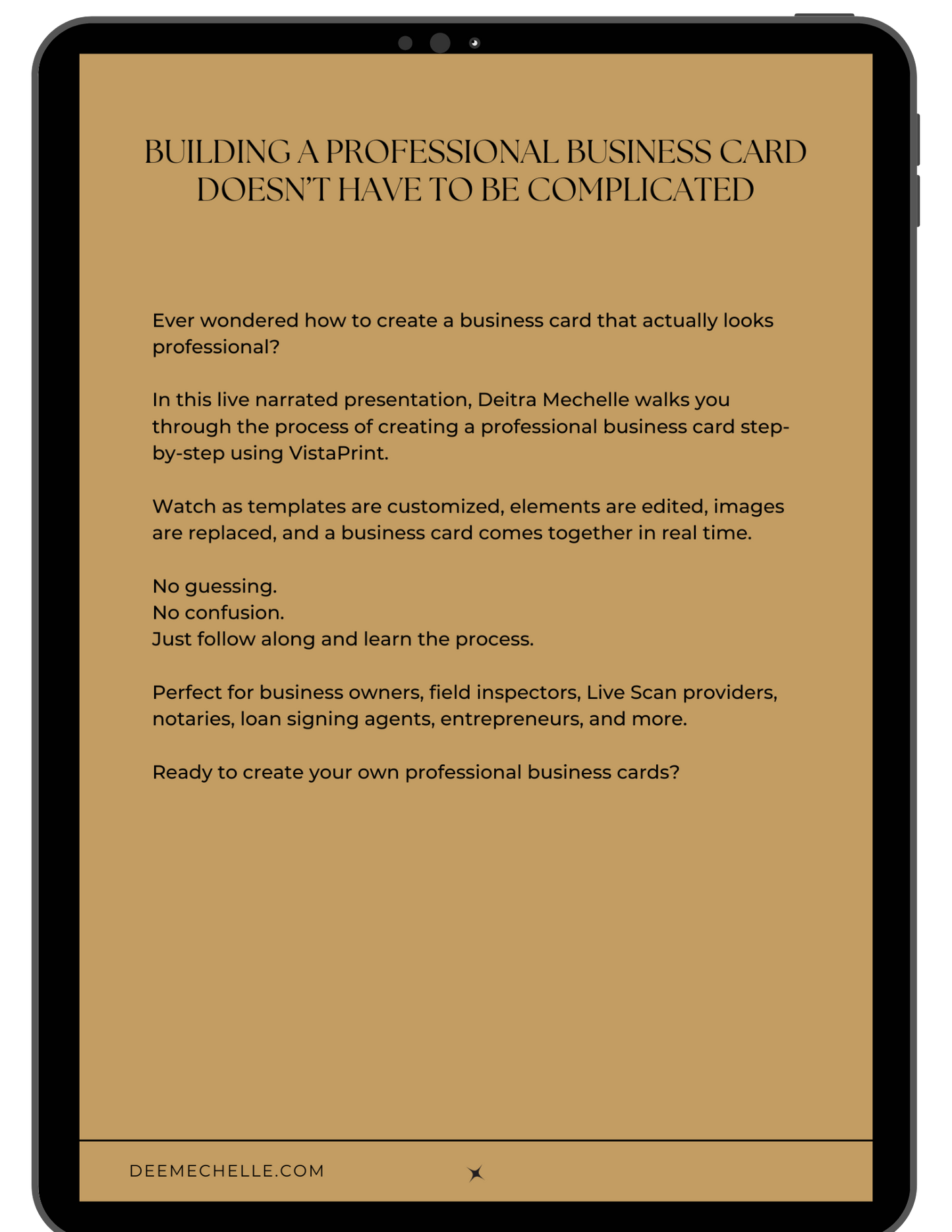 Sneak peek page for business card video presentation by Deitra Mechelle showing a VistaPrint design walkthrough.