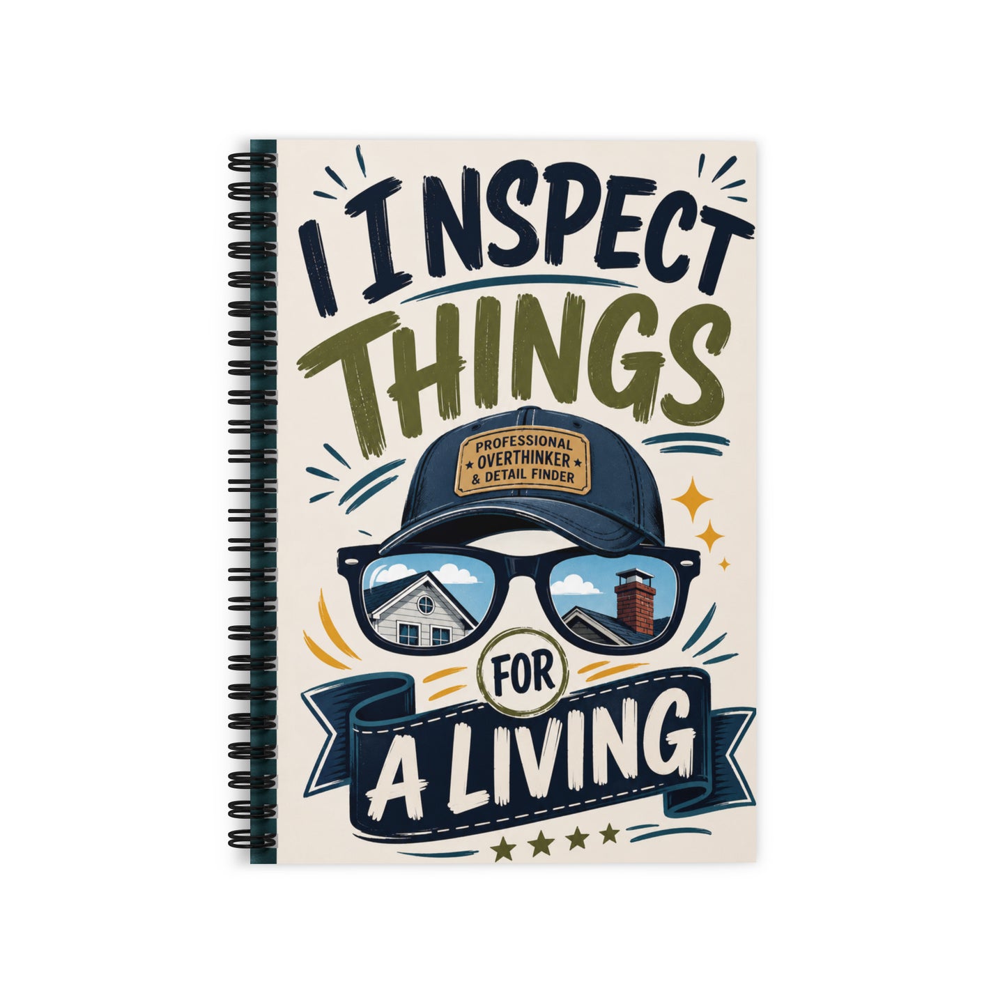 I Inspect Things for a Living spiral notebook featuring funny field inspector humor and bold professional notebook design for inspectors and contractors.