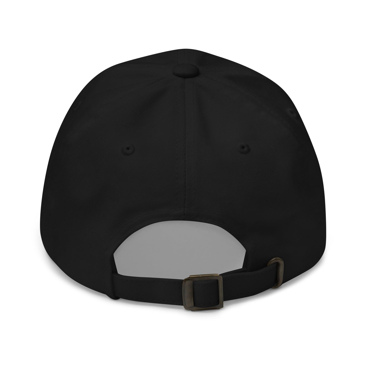 Back view of black Inspection Professional dad hat with adjustable buckle strap and low-profile fit