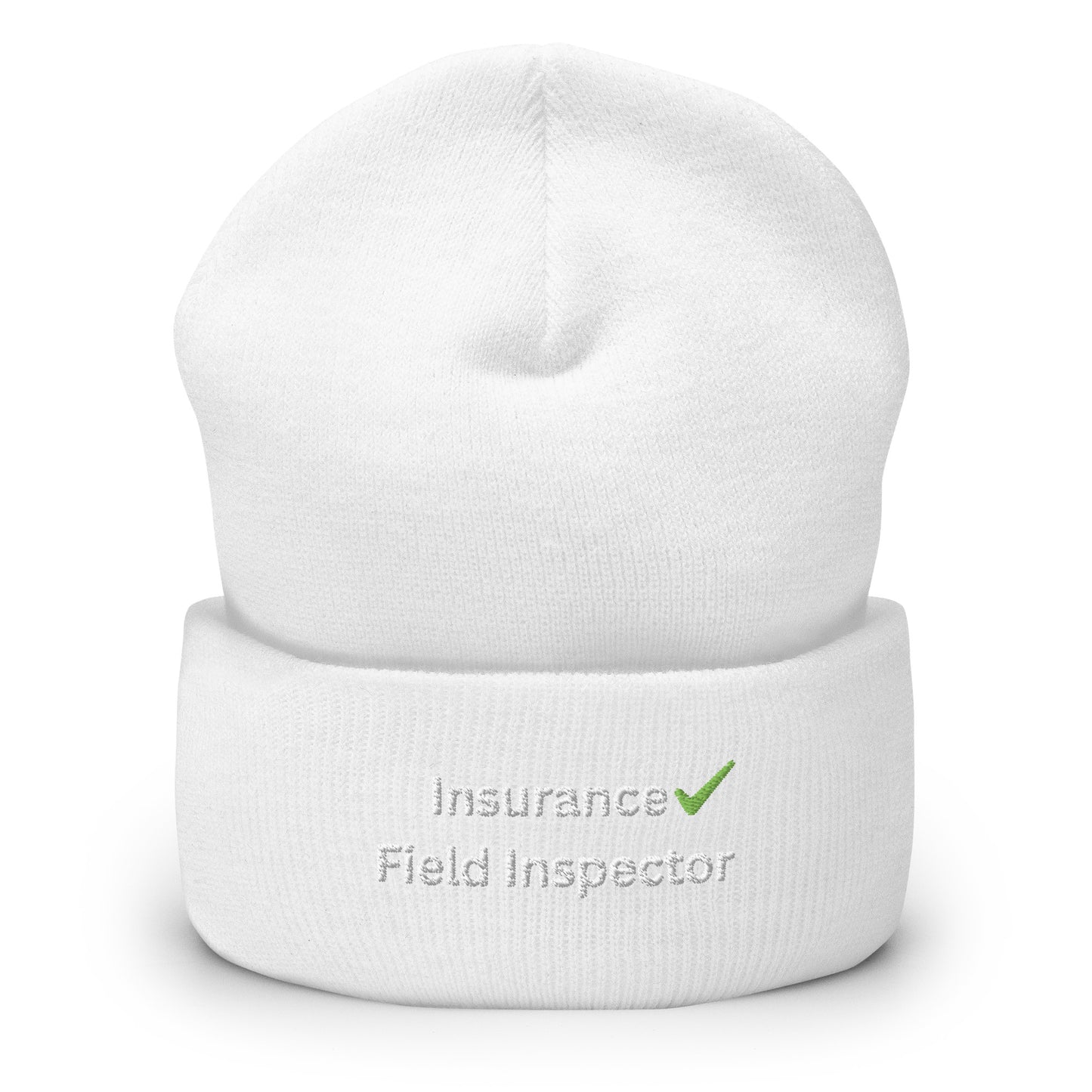 White insurance field inspector cuffed beanie with embroidered design for professional inspection work and cold weather.