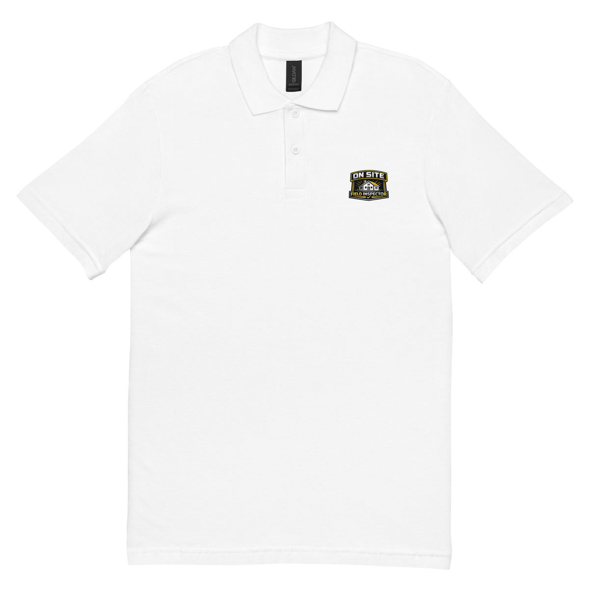 Front view of the white On Site Field Inspector Unisex Pique Polo Shirt featuring a premium DTFLEX printed On Site Field Inspector logo.