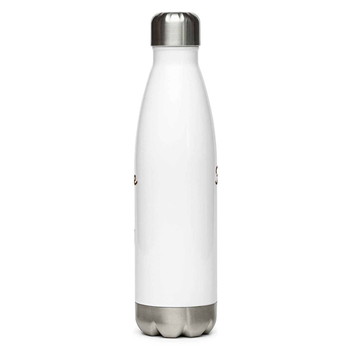 Side angle of white insulated inspector-themed water bottle with bold black text.