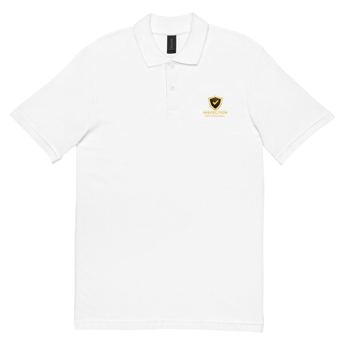 Front view of the white Unisex Inspection Professional Pique Polo Shirt featuring a DTFLEX printed Inspection Professional shield logo.