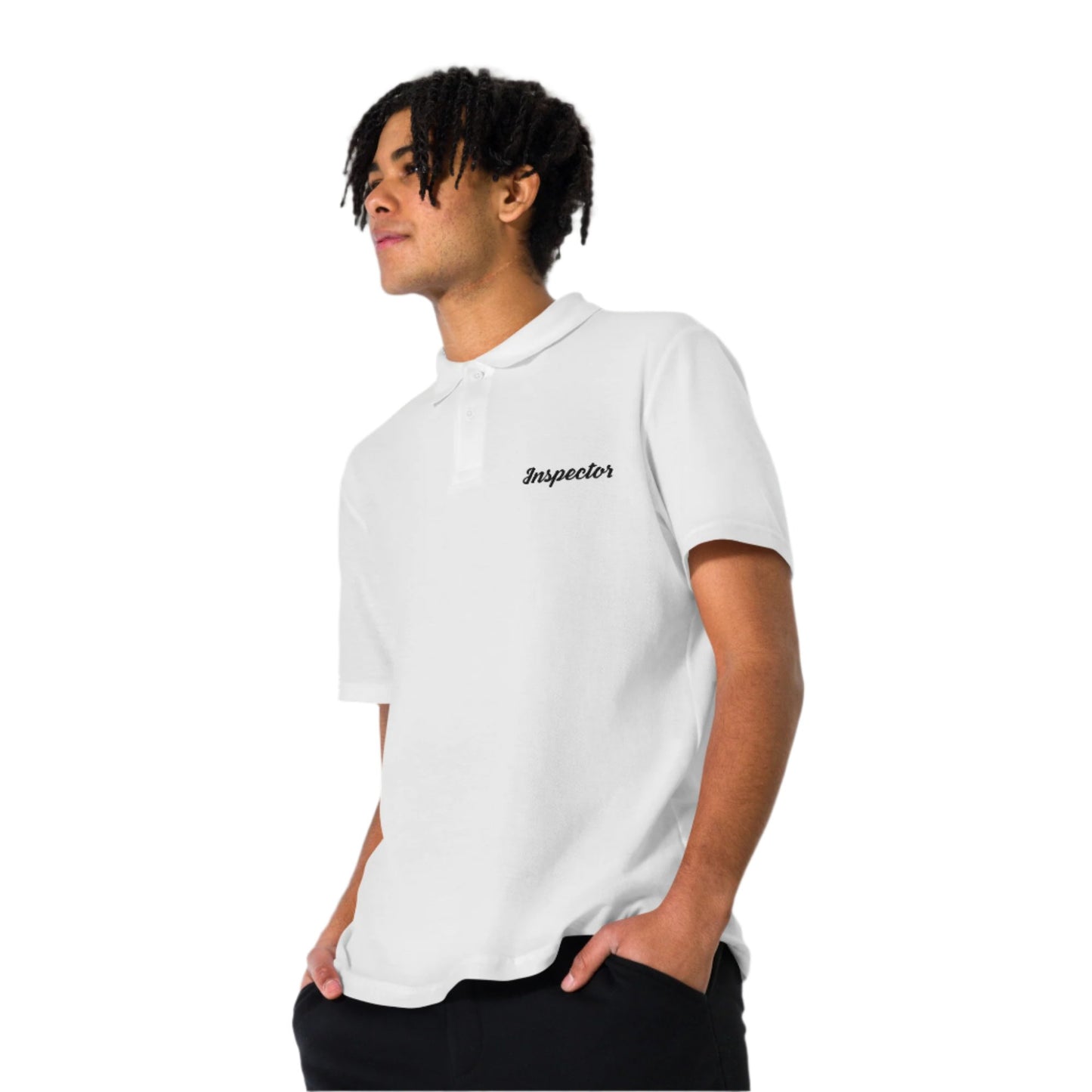 A person wearing a white polo shirt with the text 'INSPECTOR' printed in black on the front. The shirt has a classic cut with a crisp collar and is designed to be semi-fitted.