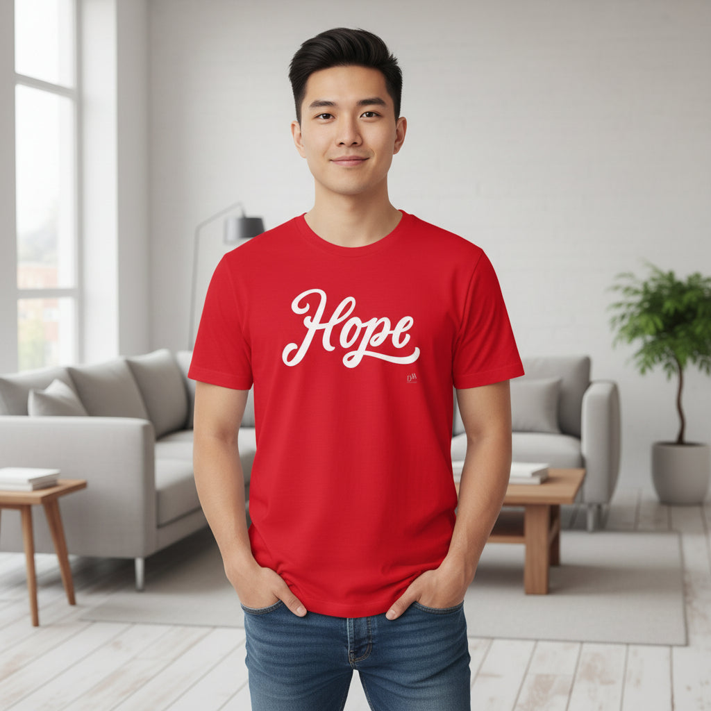 Person wearing a red t-shirt with 'Hope' printed on it in a living room setting.