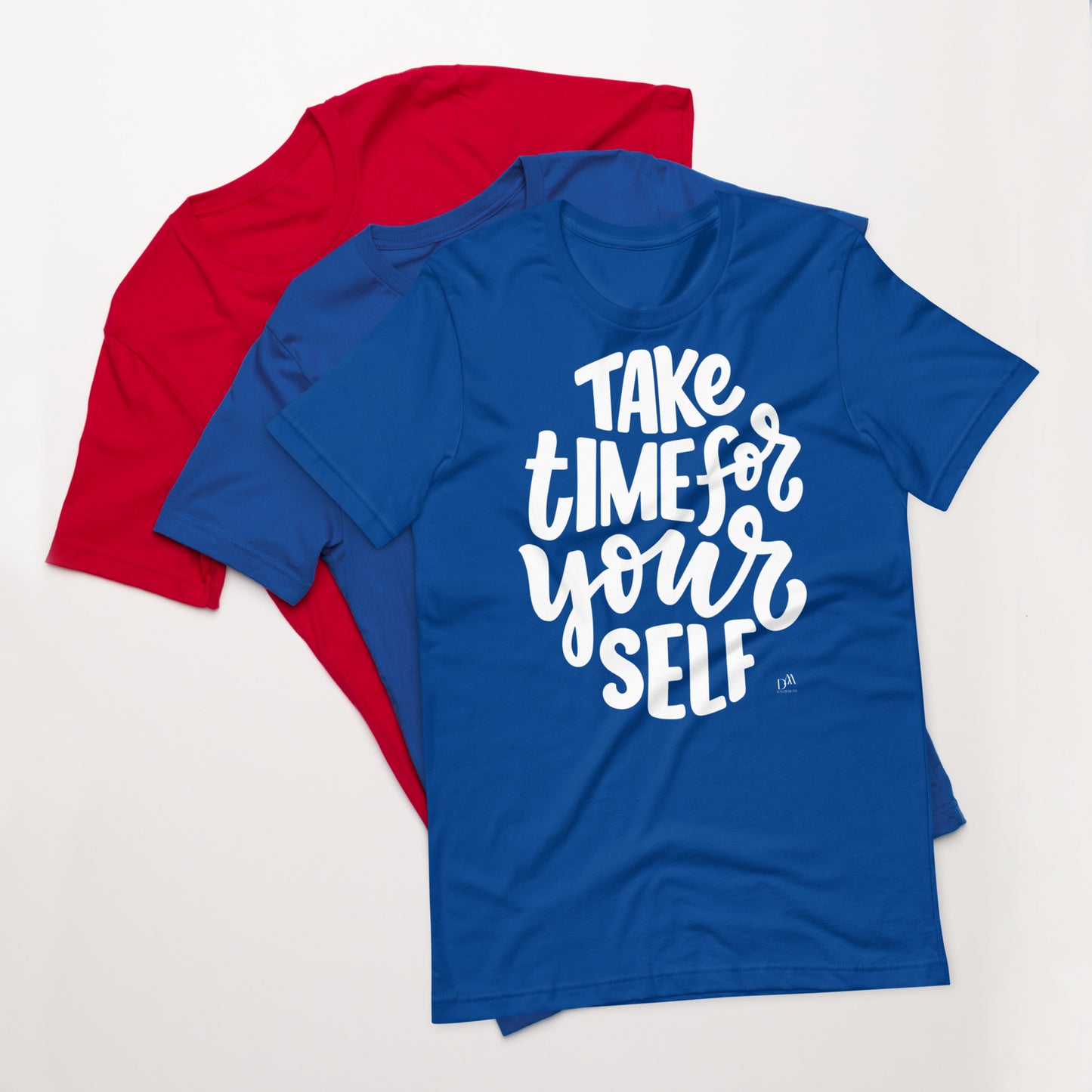 Blue t-shirt with 'Take time for yourself' text on a white background
