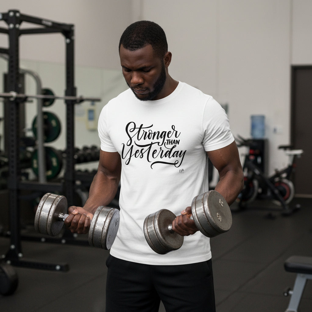 Man lifting weights in a gym wearing a white t-shirt with motivational text.