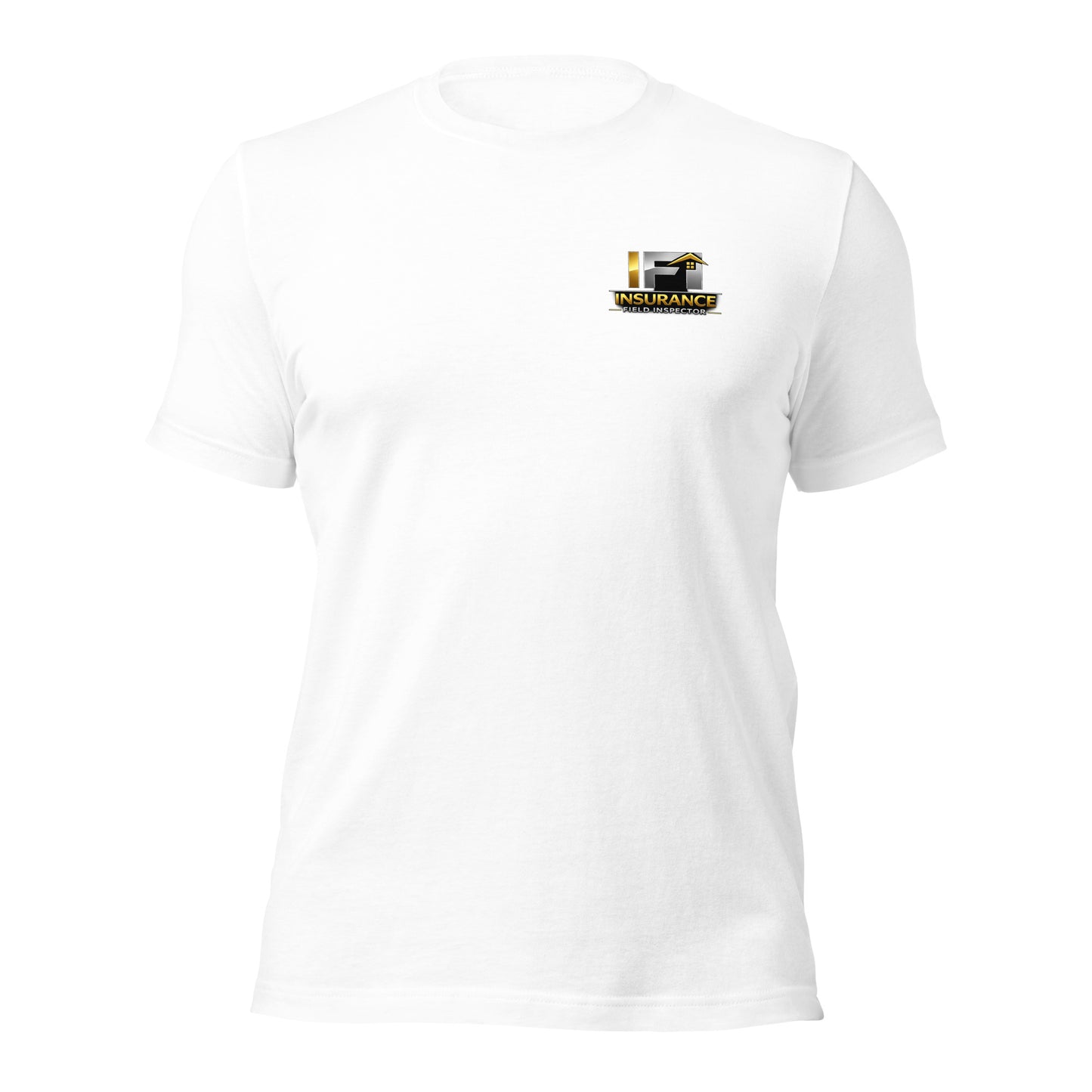 White Unisex IFI Insurance Field Inspector Bella + Canvas 3001 shirt laying flat with IFI insurance logo.