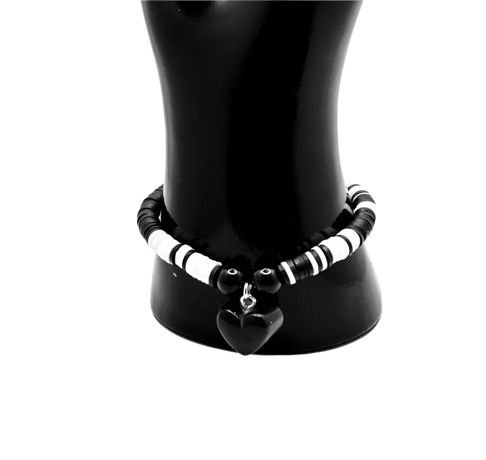 Black And White Heishi Bead Valentine Women's Bracelet With Heart Charm
