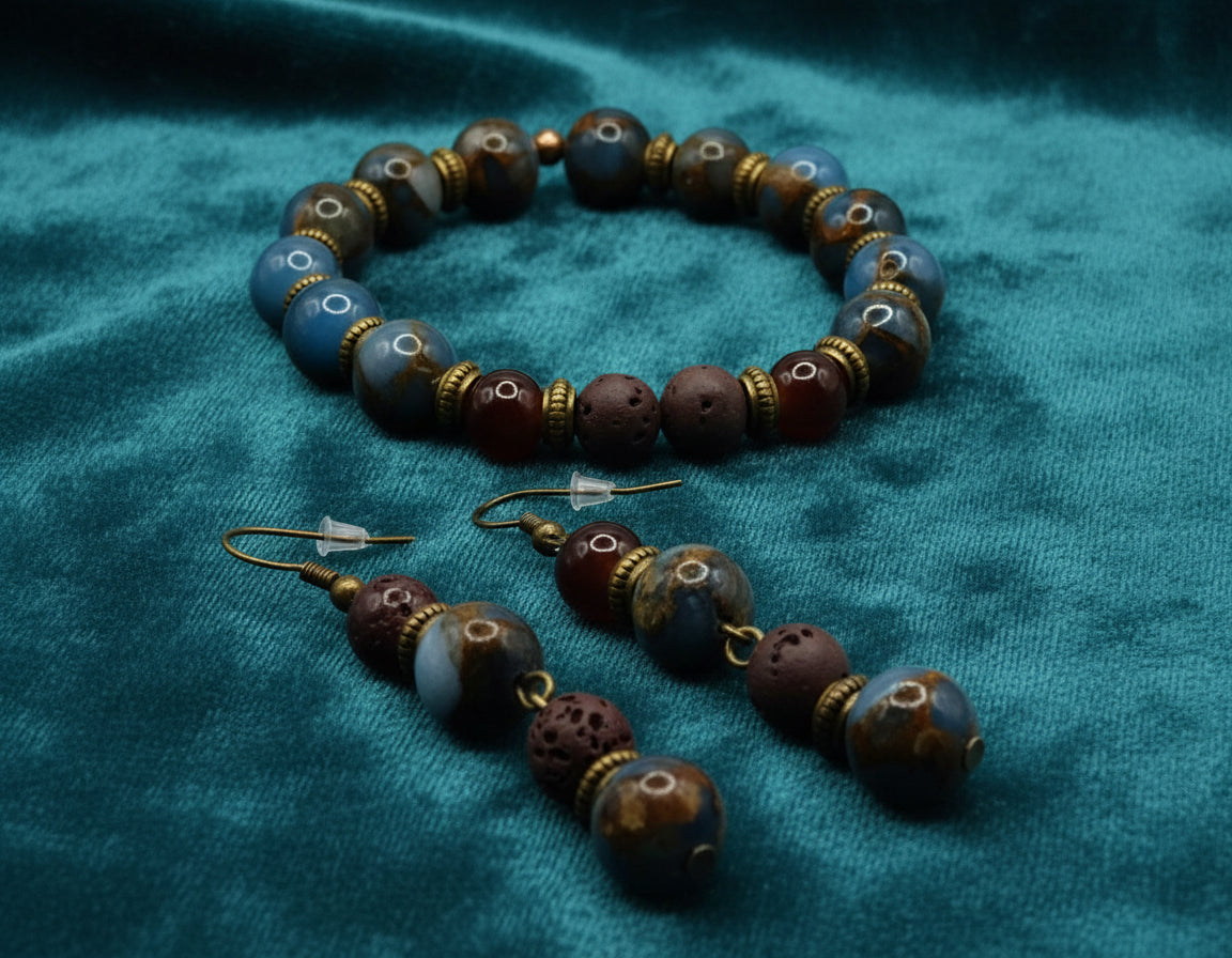 DeFit Designs BRACELET Lava And Natural Stone Bracelet And Earring Set-Brown Lava Stone