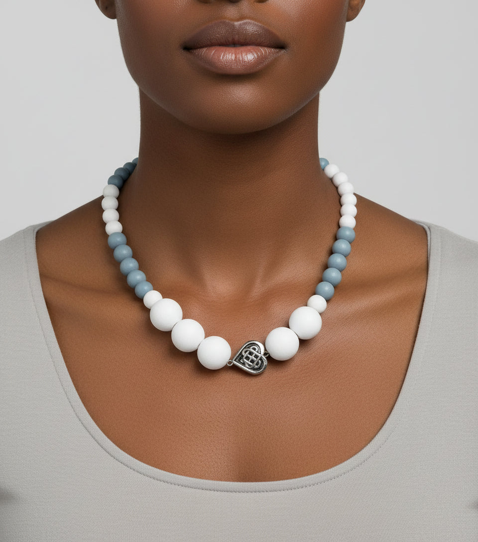DeFit Designs Necklaces Blue And White Natural Wooden Bead Necklace-Chunky Wood Bead Necklace