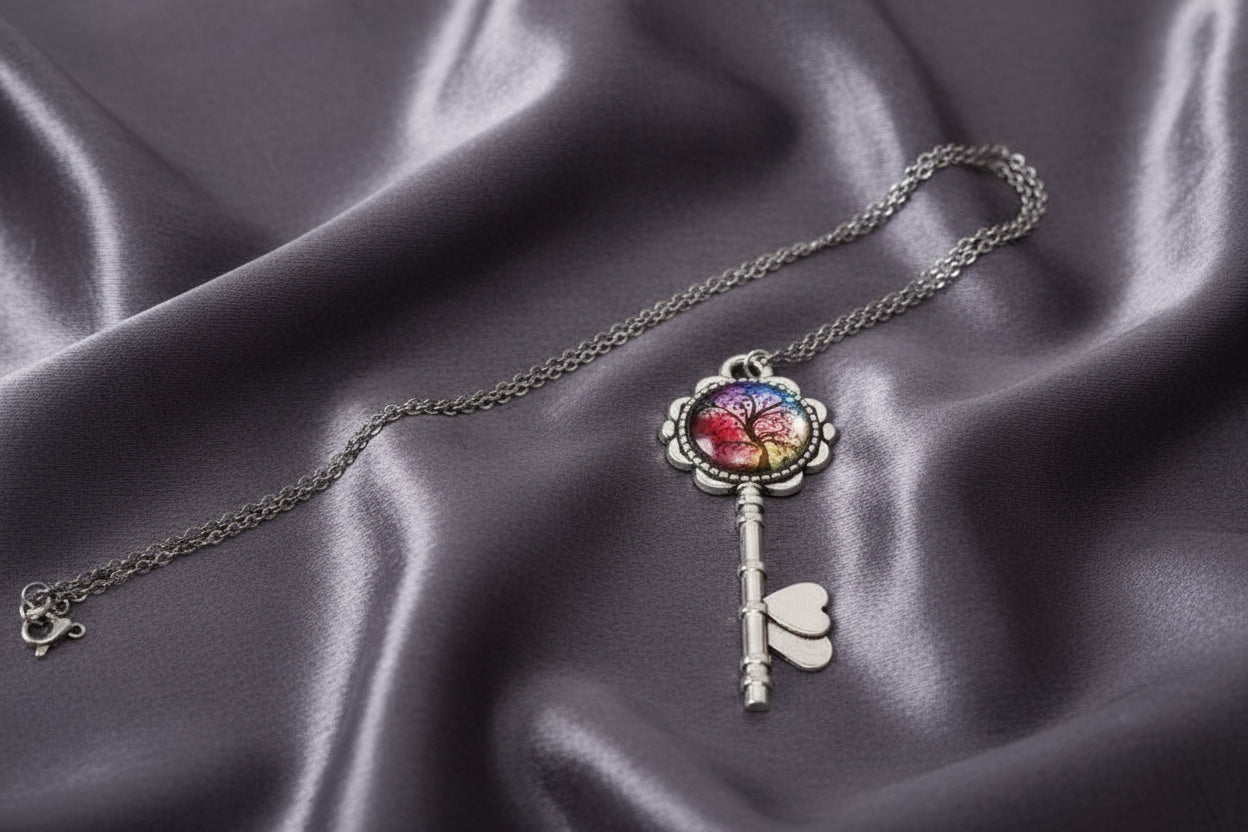 Fiery Tree of Life Necklace lying on a soft cloth, showing silver key pendant and chain