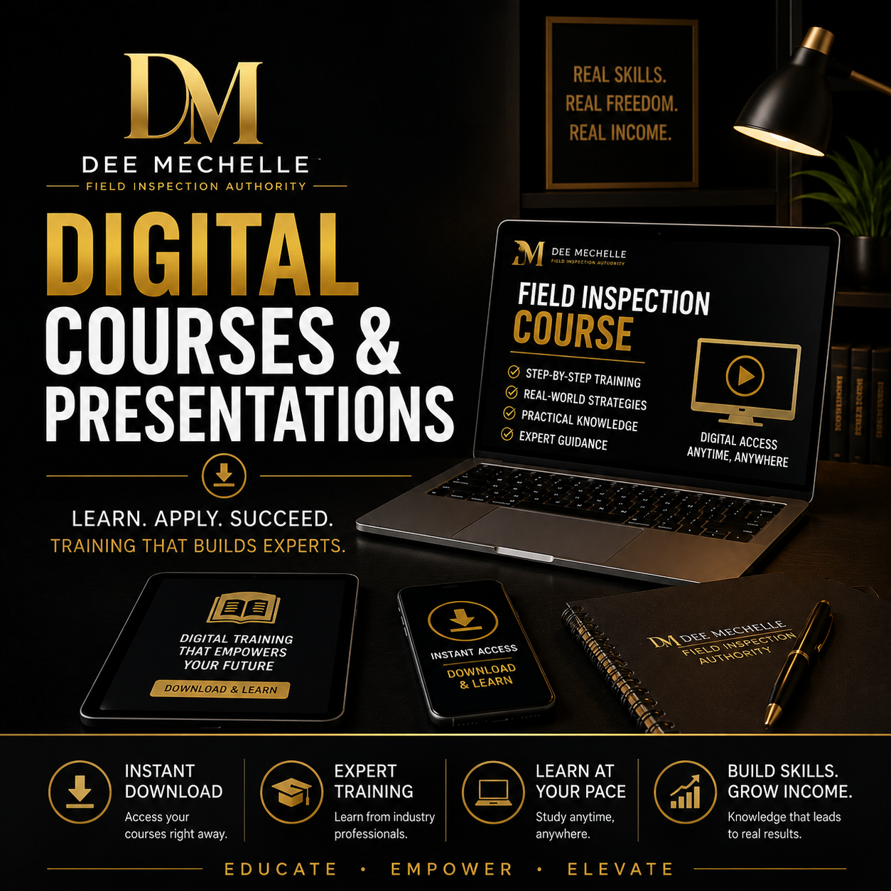 Dee Mechelle digital field inspection courses and presentations featuring downloadable training, expert guidance, and self-paced learning resources for personal lines and commercial field inspections.