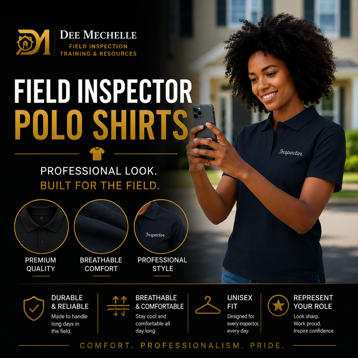 Professional field inspector polo shirts collection featuring premium inspection apparel designed for comfort, durability, and a polished look for commercial and personal lines field inspections.