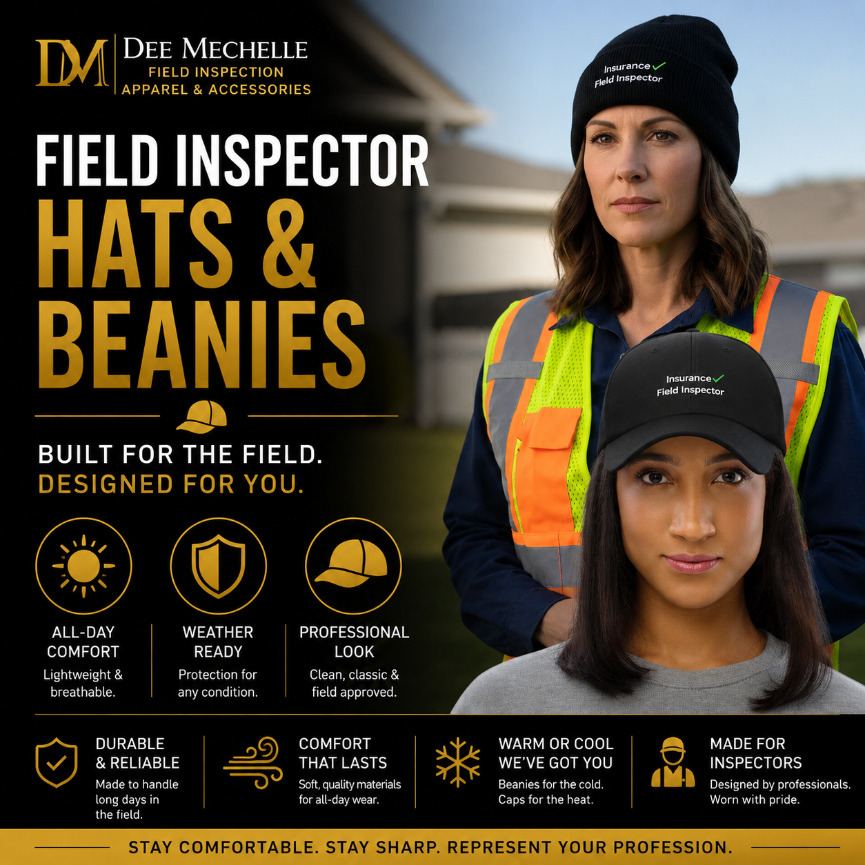Professional field inspector hats and beanies collection featuring logo baseball caps and knit beanies designed for comfort, durability, and all-weather use during commercial and personal lines field inspections.