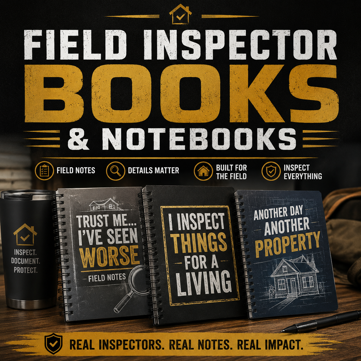 Field Inspector Books and Notebooks collection image featuring inspection-themed spiral notebooks with funny field inspector sayings and rugged professional designs.