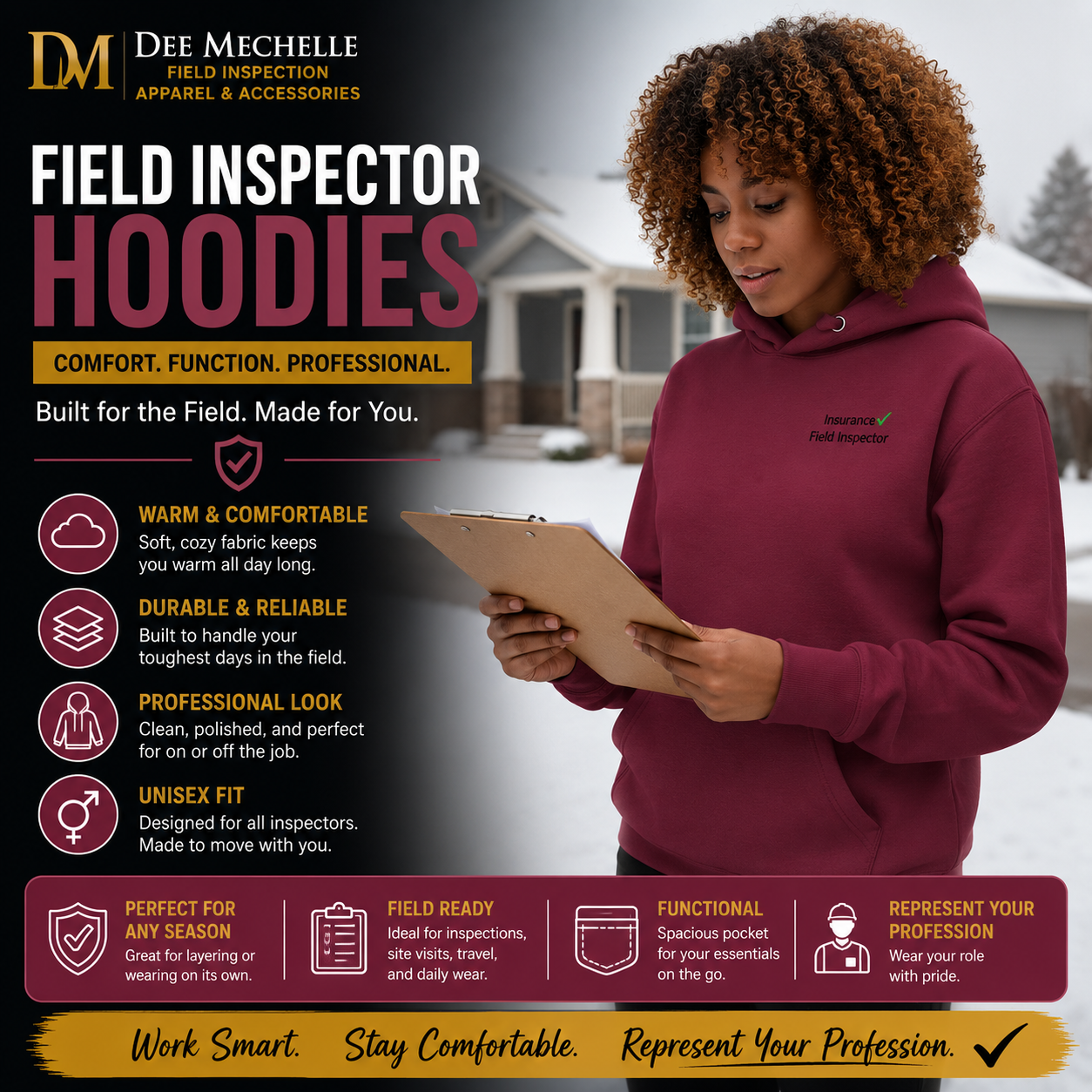 Field inspector hoodie collection featuring a professional unisex hoodie designed for warmth, comfort, durability, and outdoor field inspections in cold weather