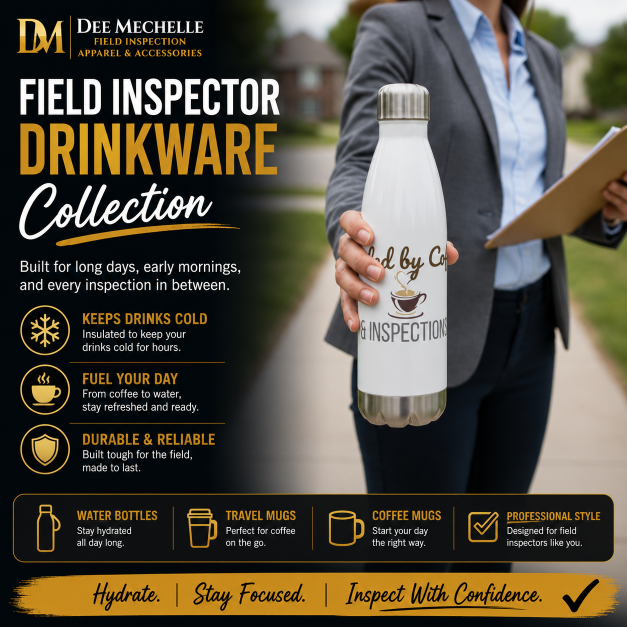 Field inspector drinkware collection featuring insulated water bottles and travel mugs designed for hydration, coffee, and long days in the field