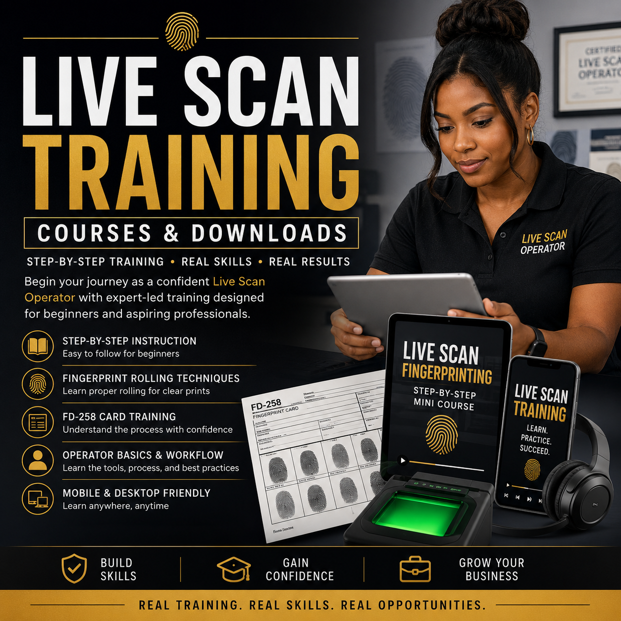 Live Scan Training Courses and Downloads collection image featuring fingerprint operator training, fingerprint rolling instruction, and digital Live Scan courses for beginners.