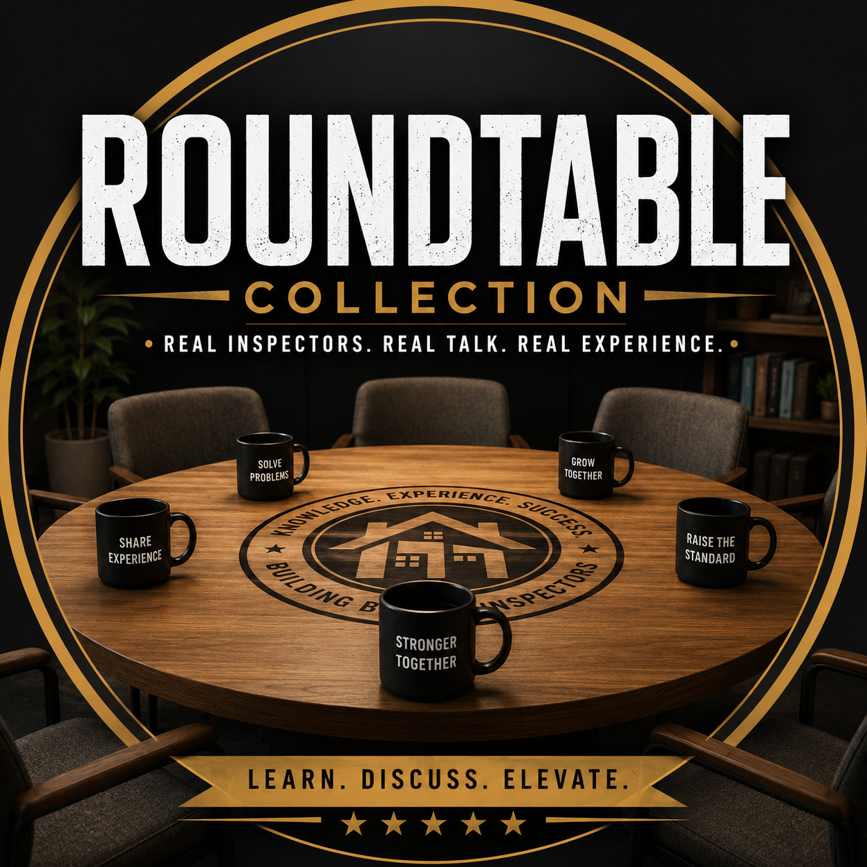 Field inspection roundtable collection image featuring a professional meeting table, inspector-themed mugs, and a black and gold roundtable design for field inspection discussions and training.