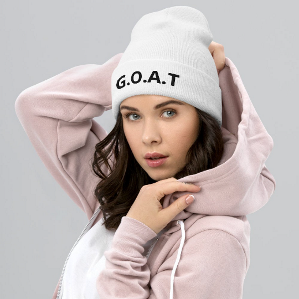 lady wearing embroidered beanie hat