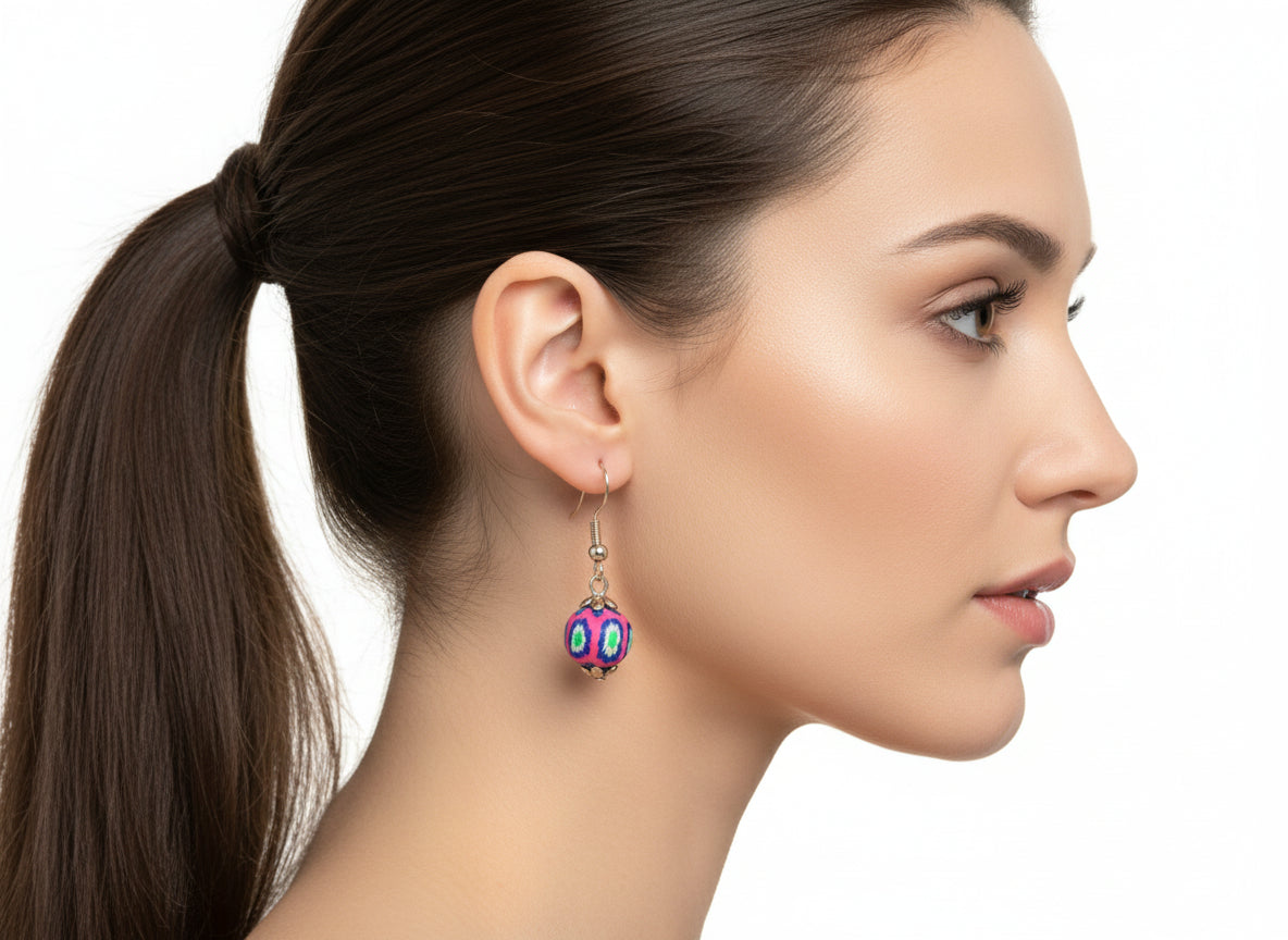 Woman wearing handmade polymer clay dangling earrings with floral stoppers