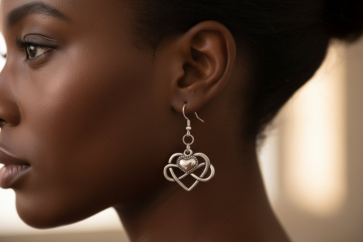 Close-up of a woman wearing a silver heart-shaped earring with a blurred background