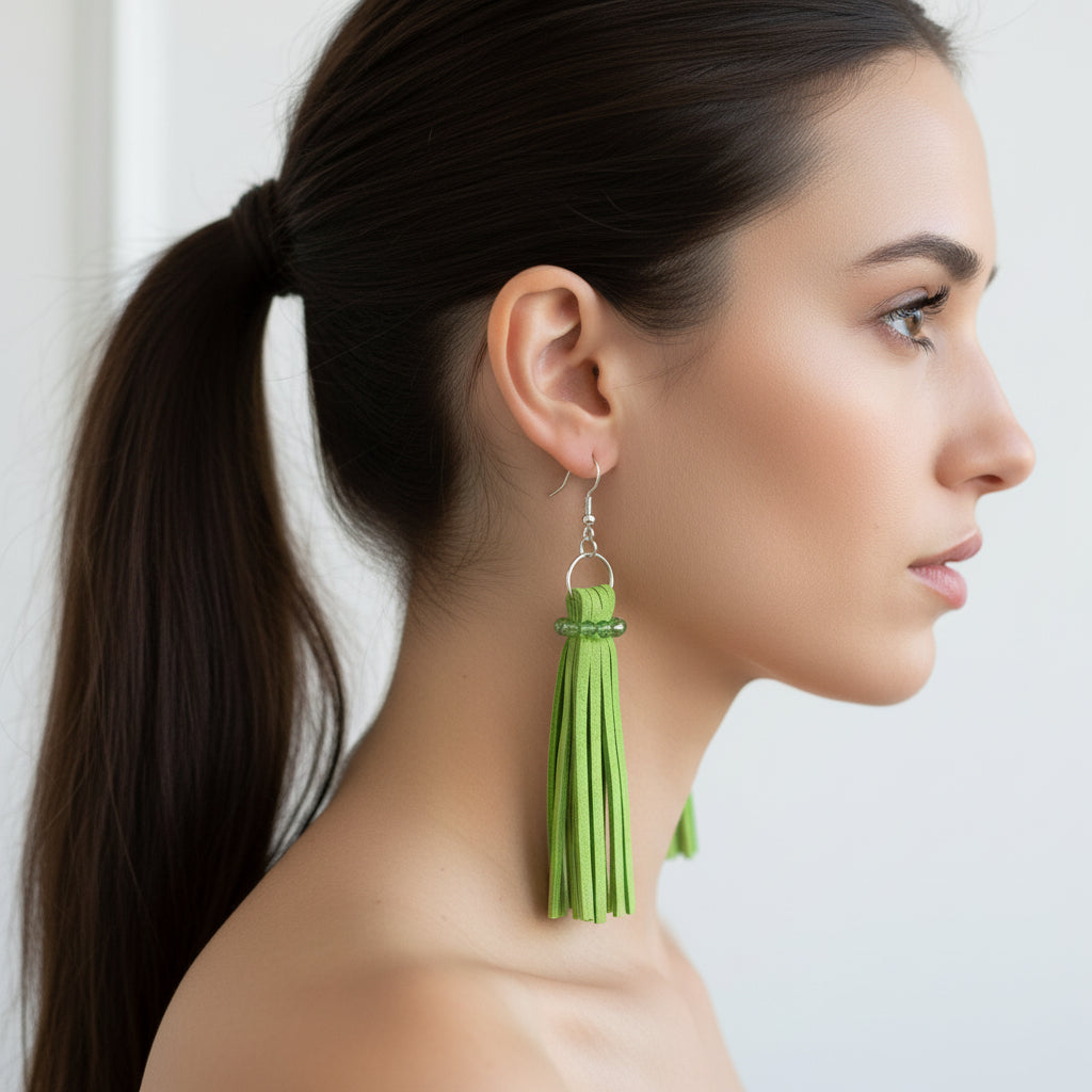 Woman wearing green tassel earrings against a white background